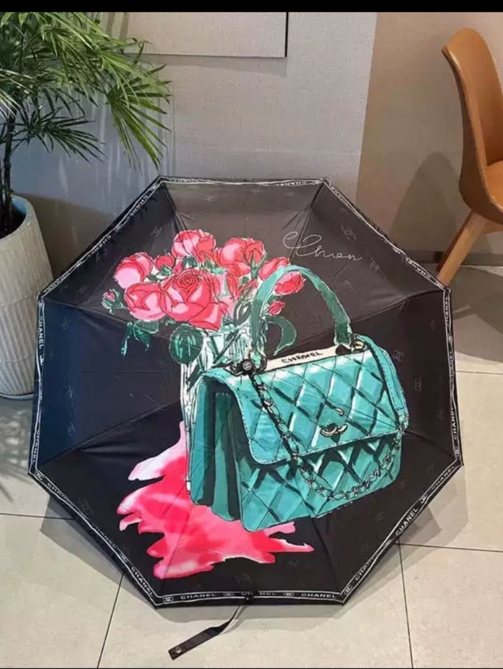 Black Umbrella with Teal Handbag and Pink Rose Print